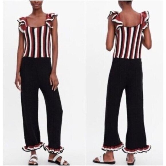 Zara Crochet Knit Ruffle Jumpsuit Sz M NWT Black - Picture 1 of 11